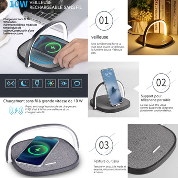 Chargeur sans fil rapide 10w avec veilleuse chargeur induction USB compatible multifonctionnel lampe chevet compact et portable